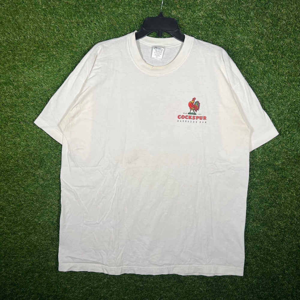 Vintage Cockspur Barbados Rum T Shirt XL White Graphic Rooster Outer Edge 90s‎